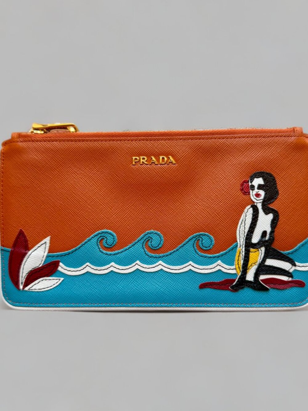 Prada Orange Saffiano Leather Beach Flat Zip Pouch